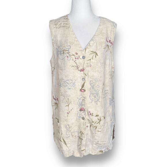 Vintage 90s Sweet Jessie Linen Vest Floral Script Print Rosette Abalone Buttons - Picture 1 of 13